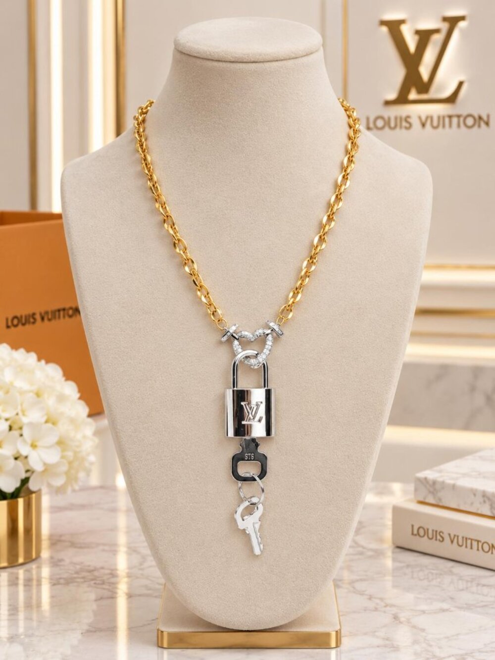 ✨ Stainless Steel Gold-Plated Necklace with Authentic Louis Vuitton Padlock ✨